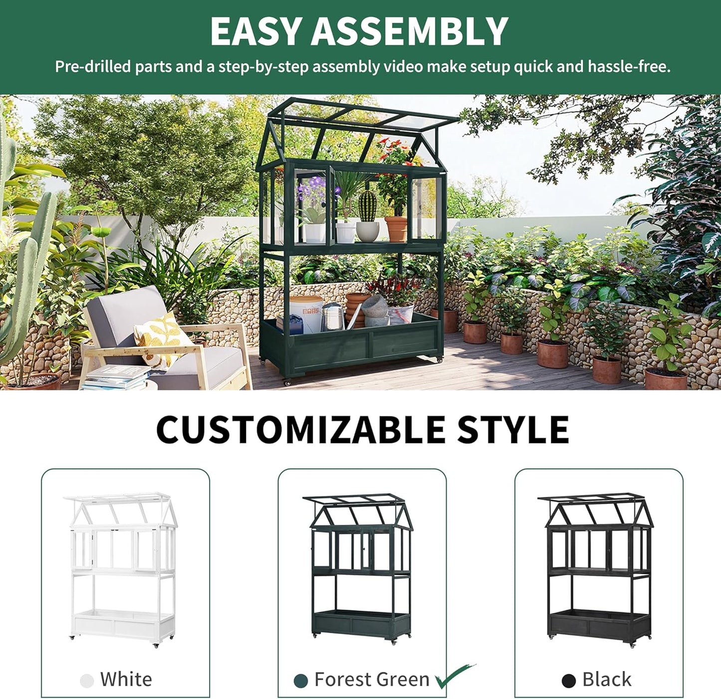 Portable Cold Frame Greenhouse with Wheels , Wooden Mini Greenhouse Cabinet for Gardens & Balconies , Openable Roof Design & Built-in Storage Box ,Easy-to-Move & Durable (Green)