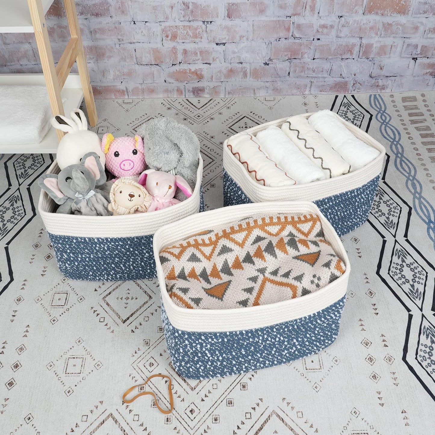White and Blue Cotton Rope storage Basket Bins Woven Basket for Organizing Shelves 14.5X9.5X9.3“ Rectangle Decorative Baskets For storage Books Towels Wicker Nursery basket organizer Set of 3