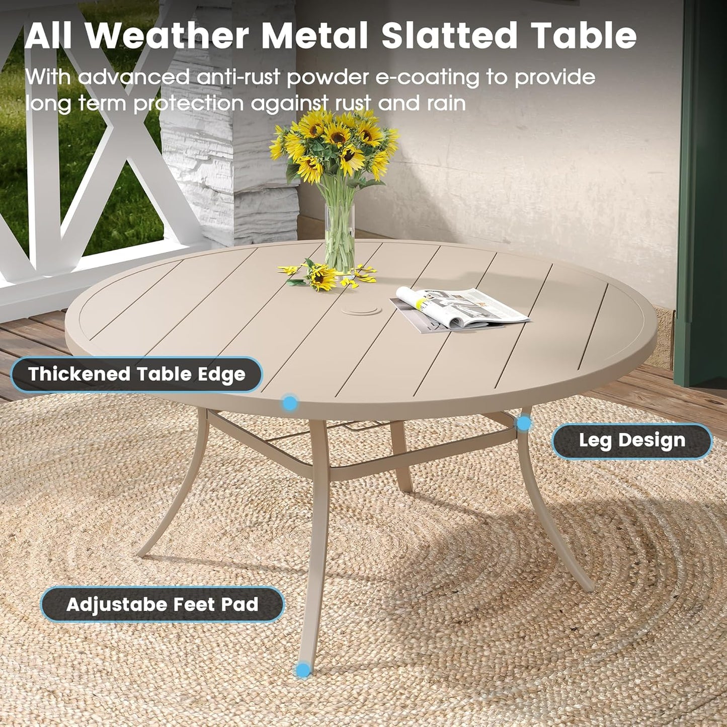 DIFY 50" Round Outdoor Patio Dining Table for 6, Metal Patio Table with 1.57" Adjustable Umbrella Hole, All-Weather Dining Furniture Table for Backyard Lawn Garden, Sandshell