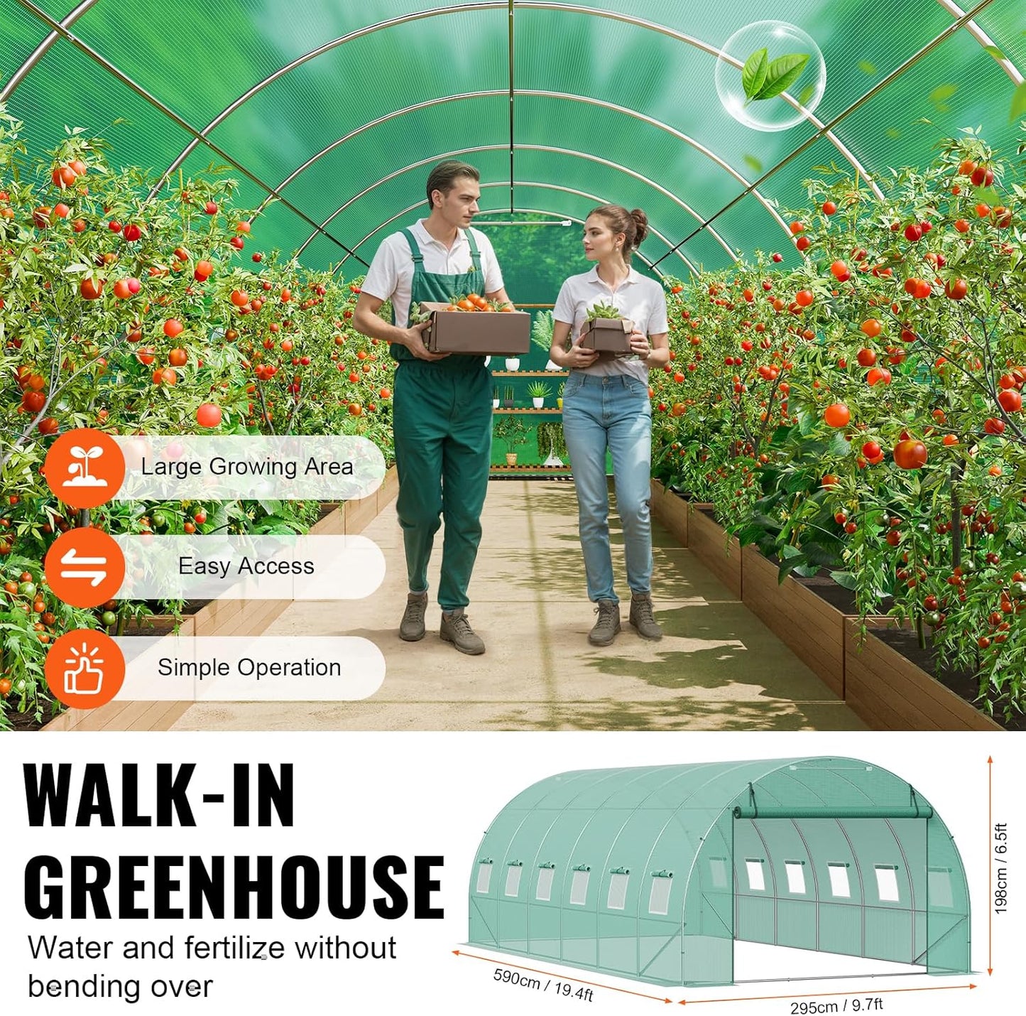 VEVOR Walk-in Tunnel Greenhouse, 19.4x9.7x6.5 ft Hoop House Greenhouse Tunnel, Plant Hot House with Galvanized Steel Frame, Green PE Cover, Roll-up Zipper Door and 12 Windows for Outdoor