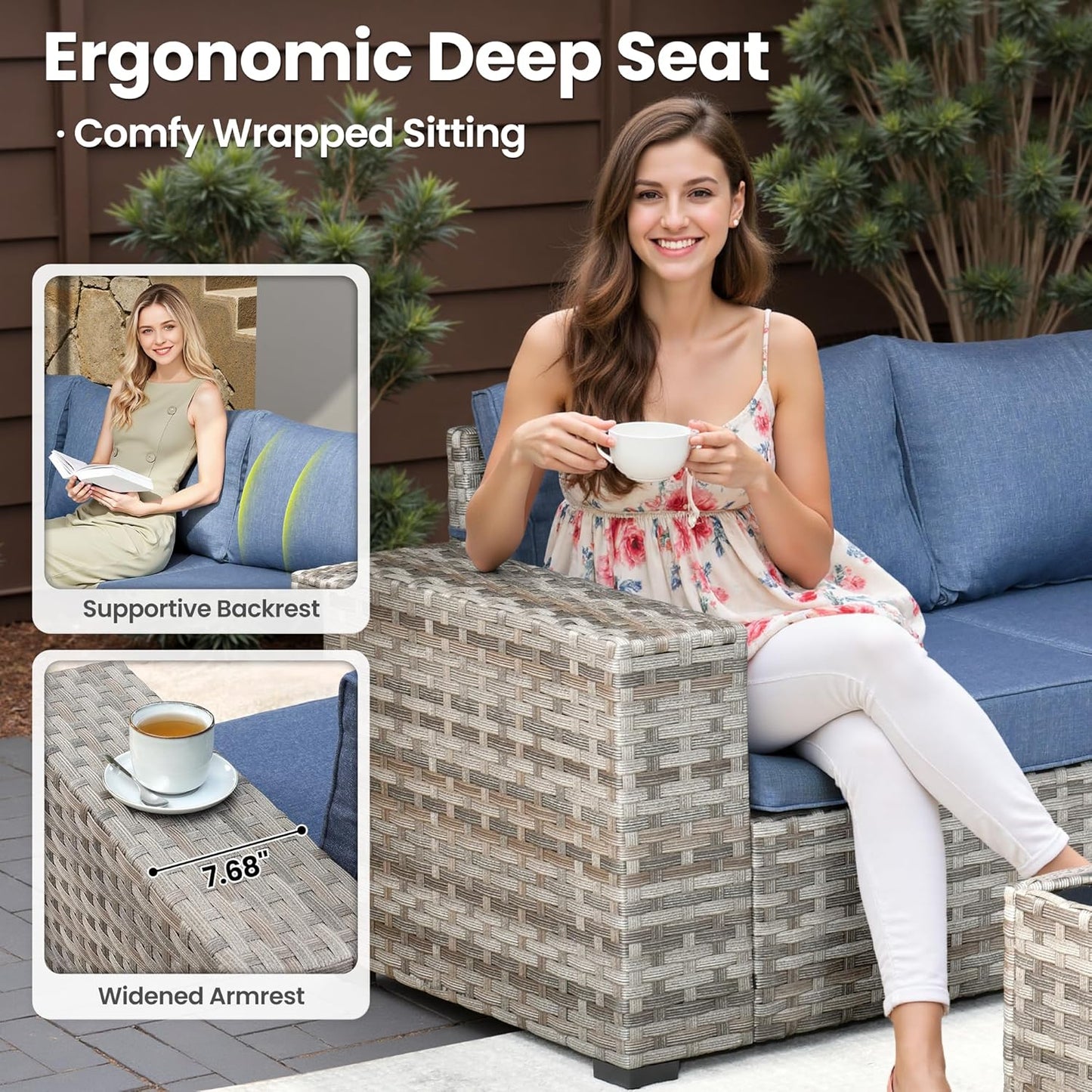 ovios 7 Pieces Patio Furniture Set, Outdoor Wicker Sectional Sofa with 30 Inch Fire Pit Table Comfy Cushions, Modern Modular Deep Seat Rattan Couch Conversation Set, Denim Blue