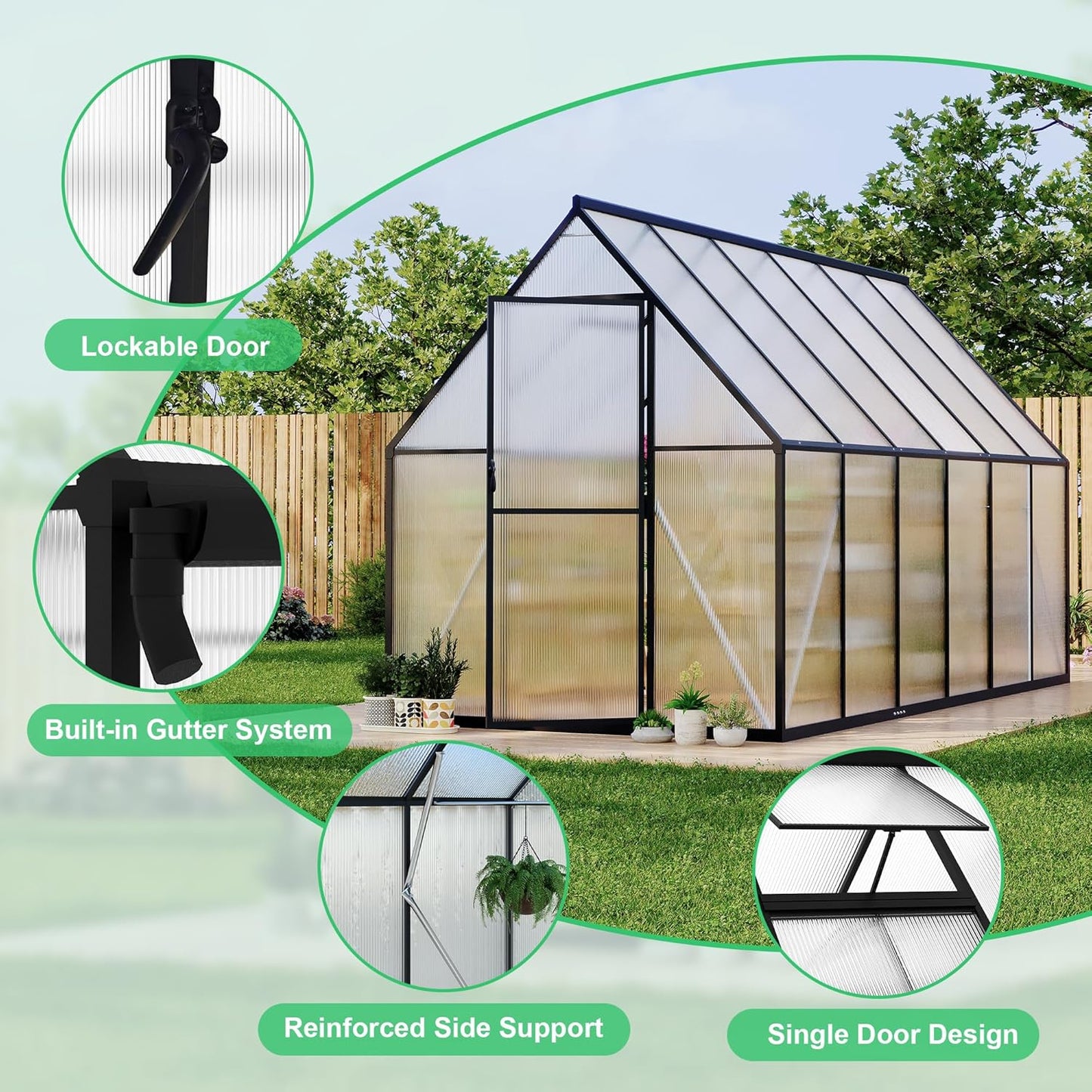 6x11FT Aluminum Large Walk-in Greenhouses for Outside, Polycarbonate Greenhouse with Aluminum Frame, Greenhouse with Ventilation and Rain Gutter, Polycarbonate Greenhouses for Outdoors