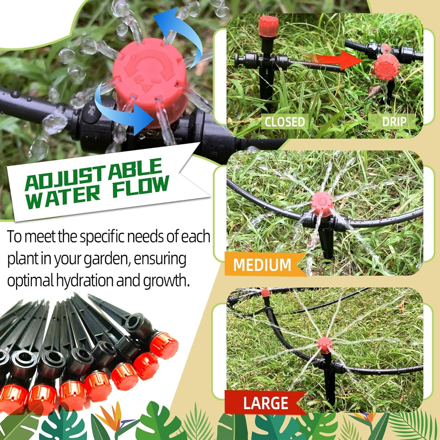 40PCS Push-to-Connect Drip Irrigation Emitters for 1/4 inch Irrigation Tubing, Two-Way Connection Adjustable Drip Emitter Sprayer with Stake, Irrigation Dripper Sprinklers for Drip Irrigation System