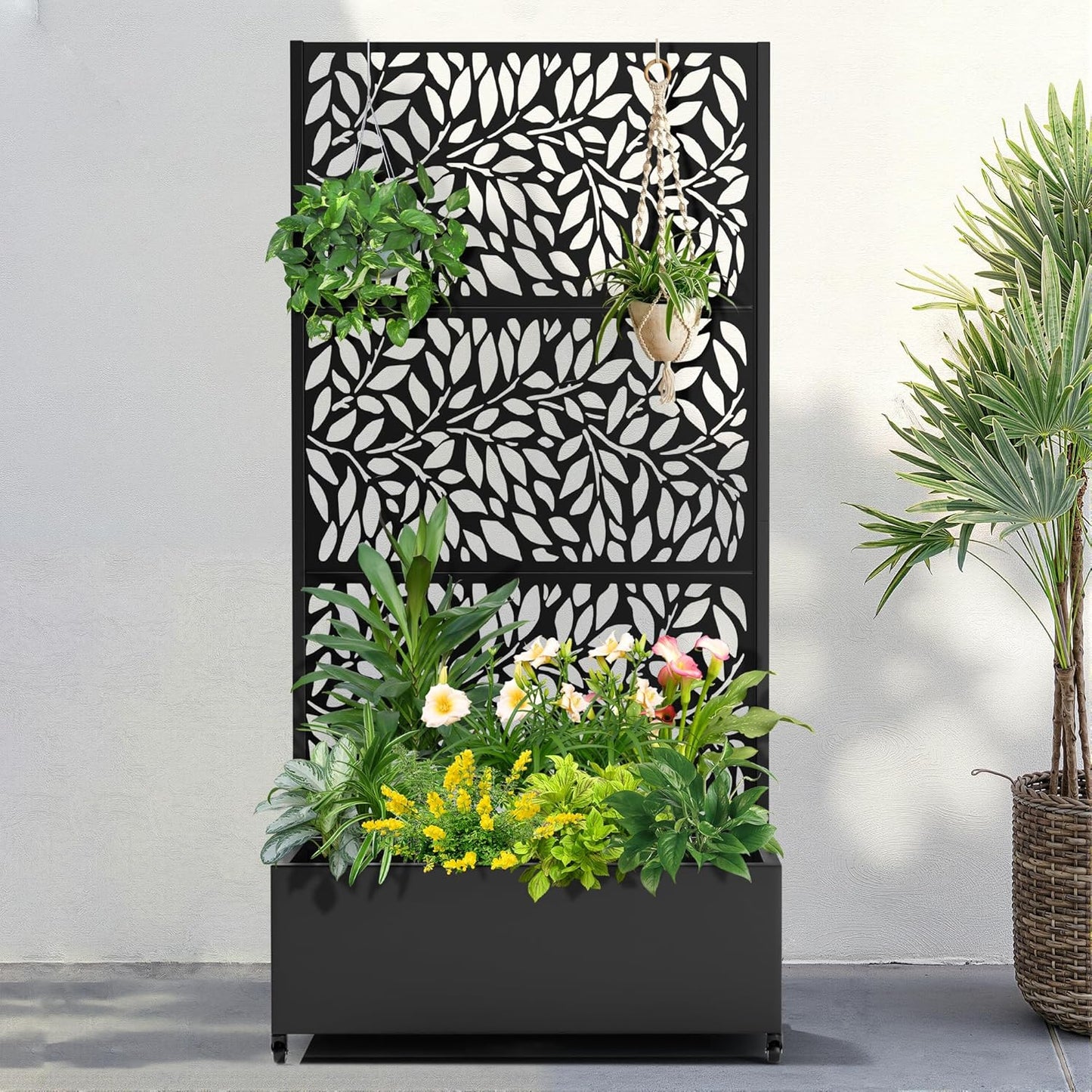 FENCY Metal Raised Garden Bed with Wheels and Trellis,73"x35"x16" Planter Box for Climbing Plants, Vegetables & Vines, Features Privacy Screen and Drainage Holes (Black-Leaf-2)