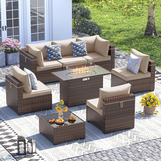 UDPATIO Patio Furniture Set with Fire Pit Table, 8 Piece Outdoor Sectional Modular Sofa, Wicker Outdoor Furniture Conversation Sets with Waterproof Cover for Backyard Deck(Brown/Khaki)