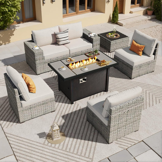 ovios 7 Pieces Patio Furniture Set, Outdoor Wicker Sectional Sofa with 42 Inch Fire Pit Table Comfy Cushions, Modern Modular Deep Seat Rattan Couch Conversation Set, Beige