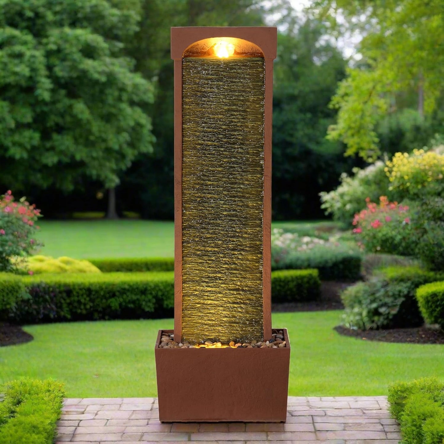 Teamson Home 38.5" Indoor/Outdoor Modern Curved Faux Slate Waterfall Fountain with LED Lights, Red Rock