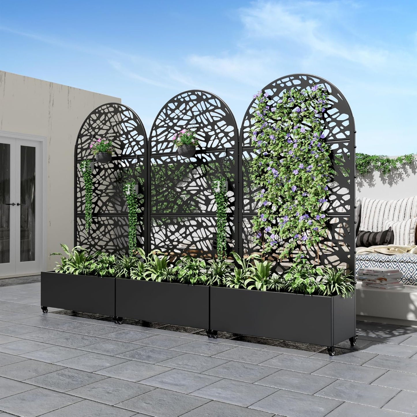 Casaphoria Metal Raised Garden Bed with Trellis and Wheels, 72"x35"x16" Arched Planter Box for Climbing Plants, Vegetables & Vines, Features Drainage Holes and Privacy Screen (Black-Net)