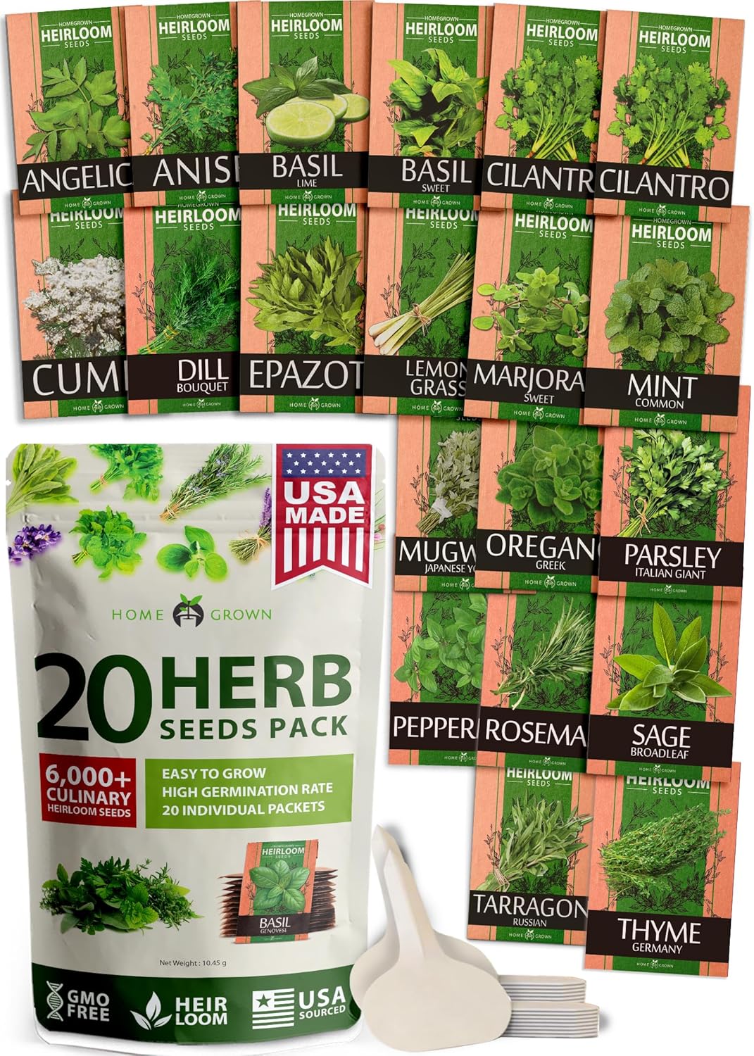 HOME GROWN 20 Herb Seeds for Planting 6,000+ Non-GMO Heirloom Seeds | Extra Large Variety Pack Herb Kit – Indoor Outdoor & Hydroponic | Culinary Seed Set | Grow Your Own Herbs | Gardening Gift