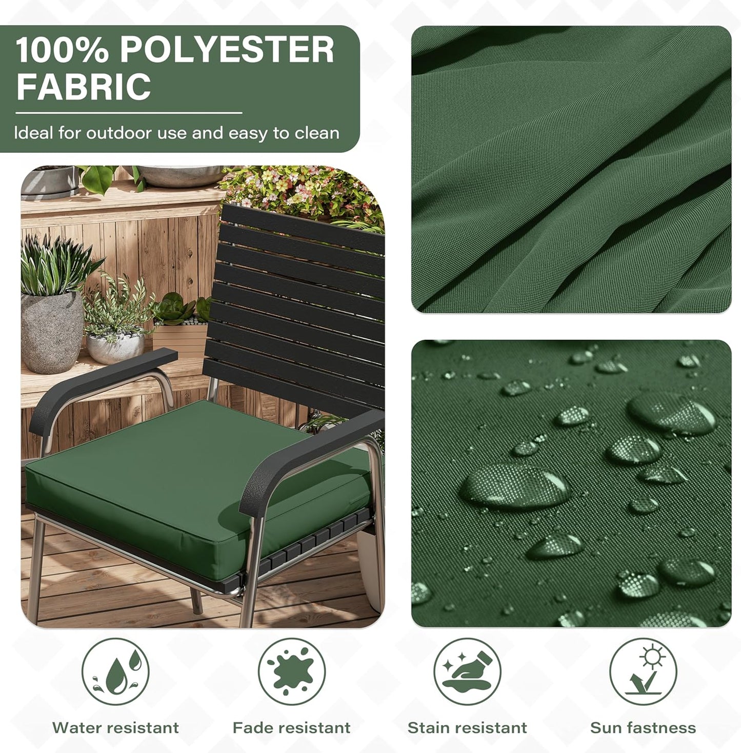 Patio Chair Cushions 17 X 16 X 3 Inch Waterproof Outdoor Seat Cushions for Patio Furniture, Outdoor Sofa Couch Pads with Ties & Handle, Set of 2, Green