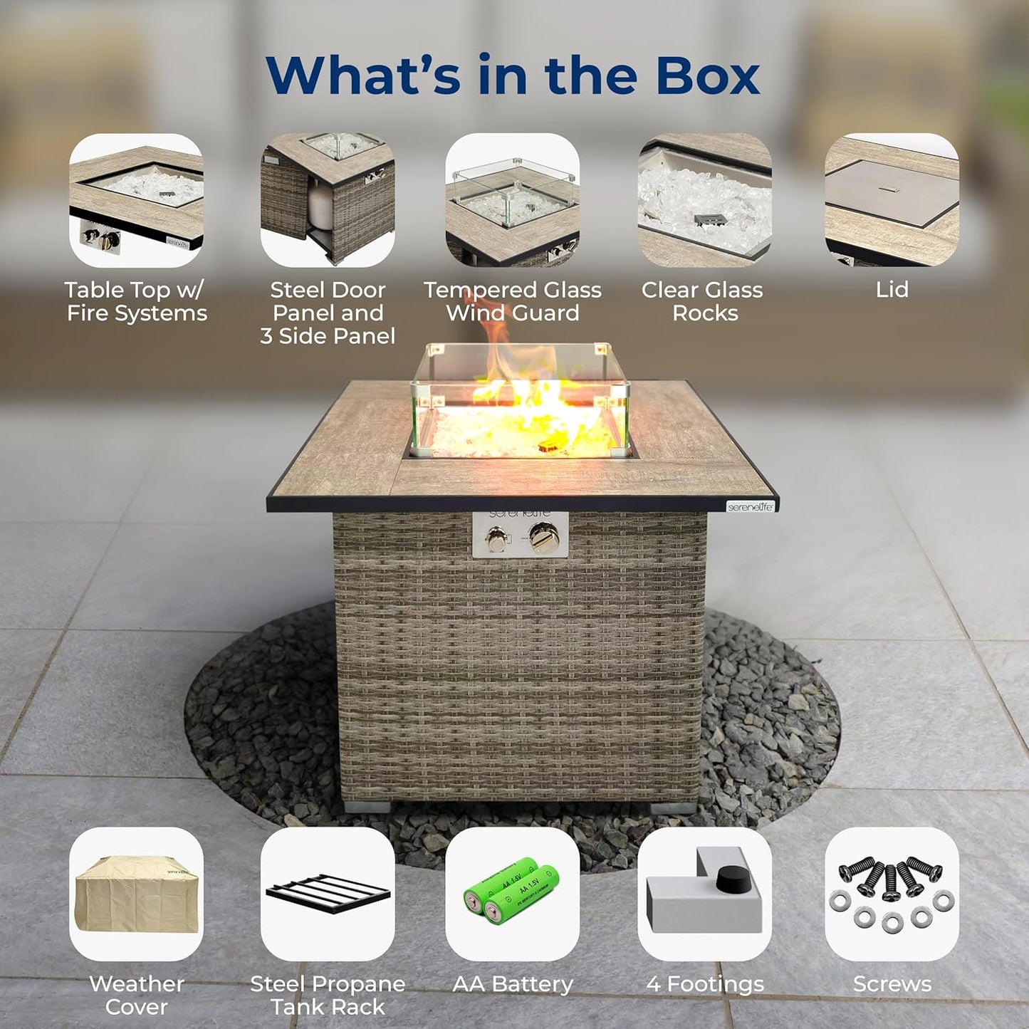 SereneLife Outdoor Propane Fire Pit Table - CSA/ETL Certified Safe 50,000 BTU Pulse Ignition Weatherproof Square Wicker Propane Gas Fire Table w/Tile Tabletop Adjustable Flame - Glass Rocks