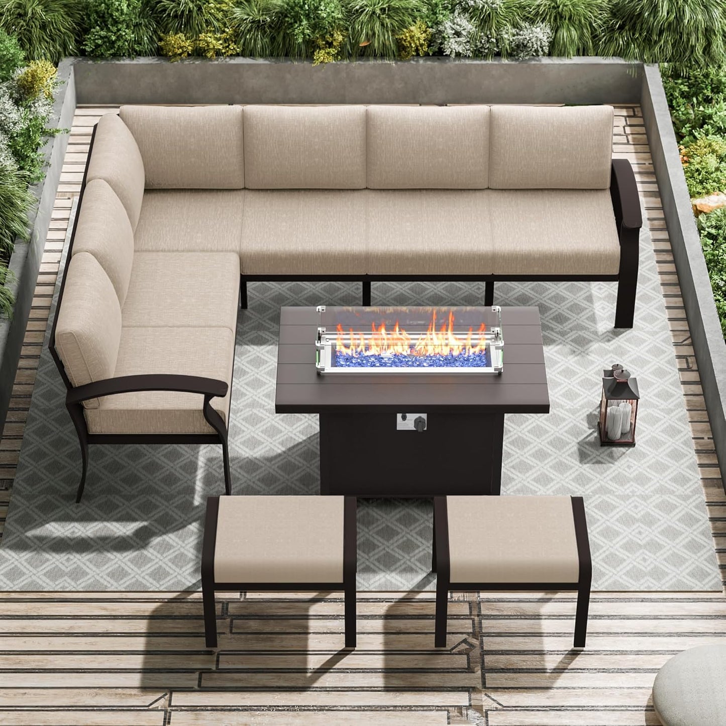 Aluminum Patio Furniture Set with Fire Pit Table, 8 Seats Outdoor Patio Conversation Set Modern Metal Patio Sectional Sofa w/5.1" Upgrade Cushions for Porch, Patio, Backyard(Sand).