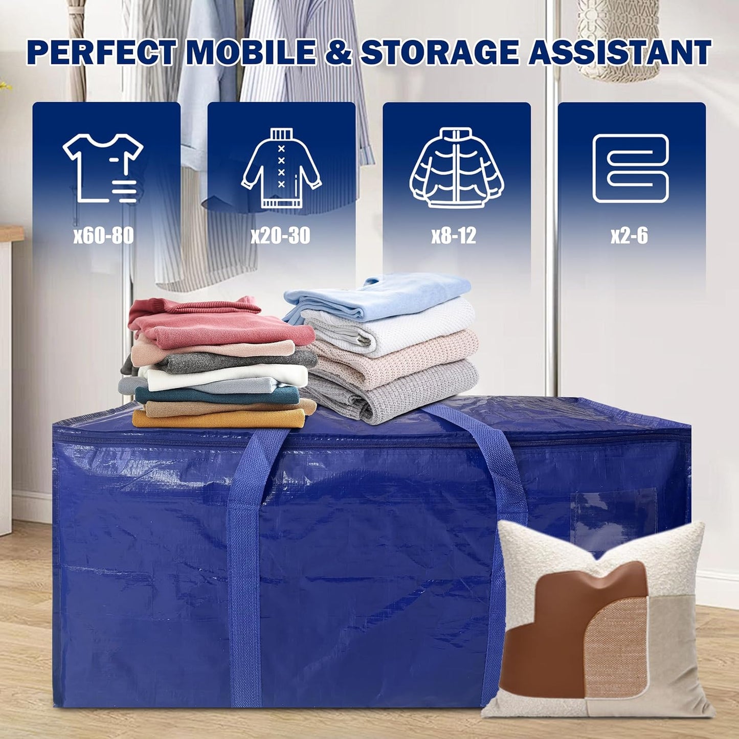 8 Pack Extra Heavy Duty Large Moving Bags with Strong Zipper & Carrying Handles, Sturdy Clothes Storage Bags Totes Bins, Packing Bag Move Boxes College Moving Supplies, Dark Blue - 24 gal