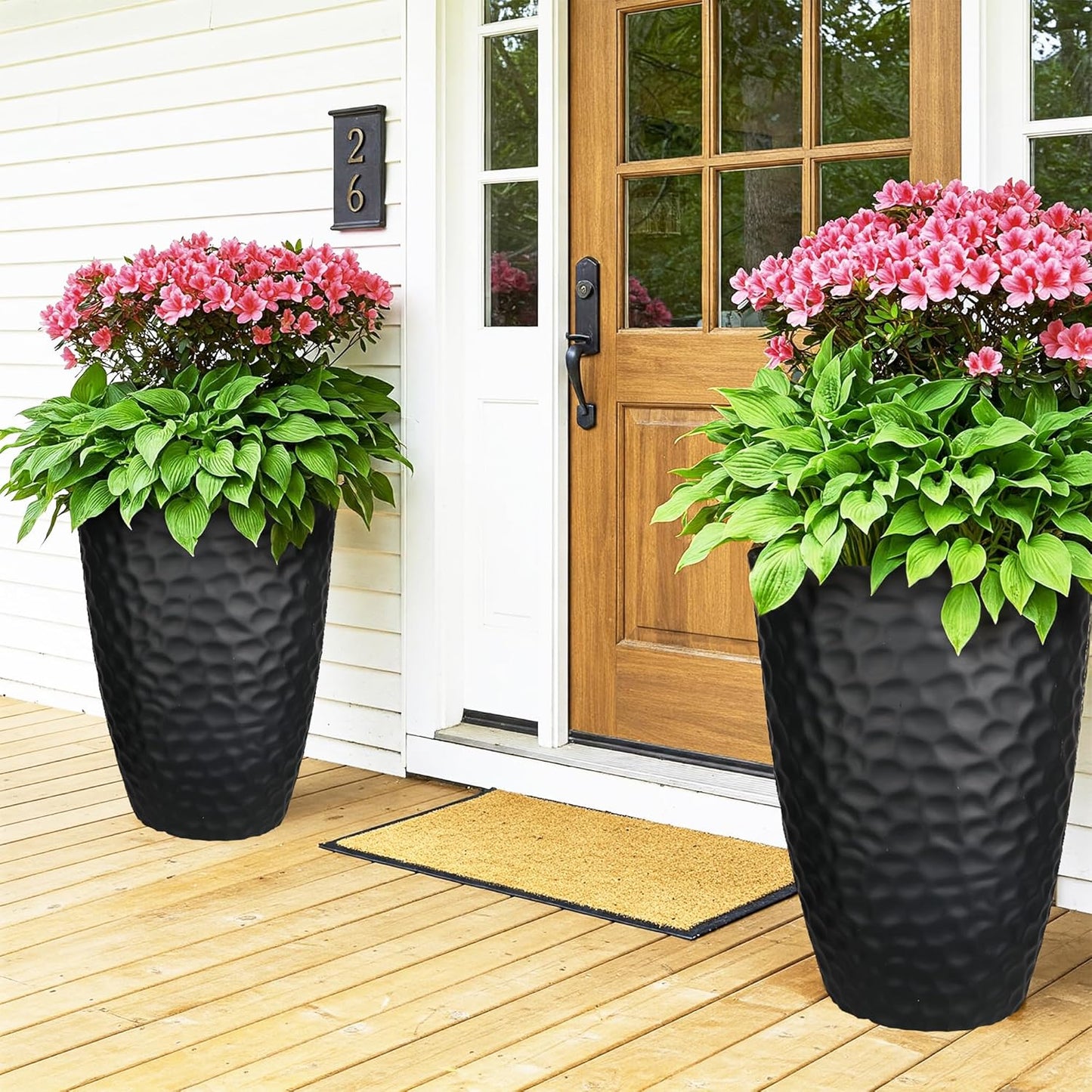 Worth Garden 24" H Tall Hammered Texture Planters Set of 2 - Matte Black Plastic Flower Pot with Drainage Holes, Modern Outdoor Indoor Lightweight Pots for Large Plants, Durable Decor Containers