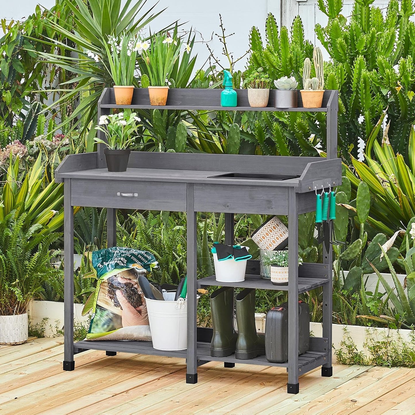 Yaheetech Outdoor Potting Bench Table Potters Benches Garden Workstation for Horticulture with Drawer/Adjustable Shelf Rack/Removable Sink/Hooks/Pads, Gray