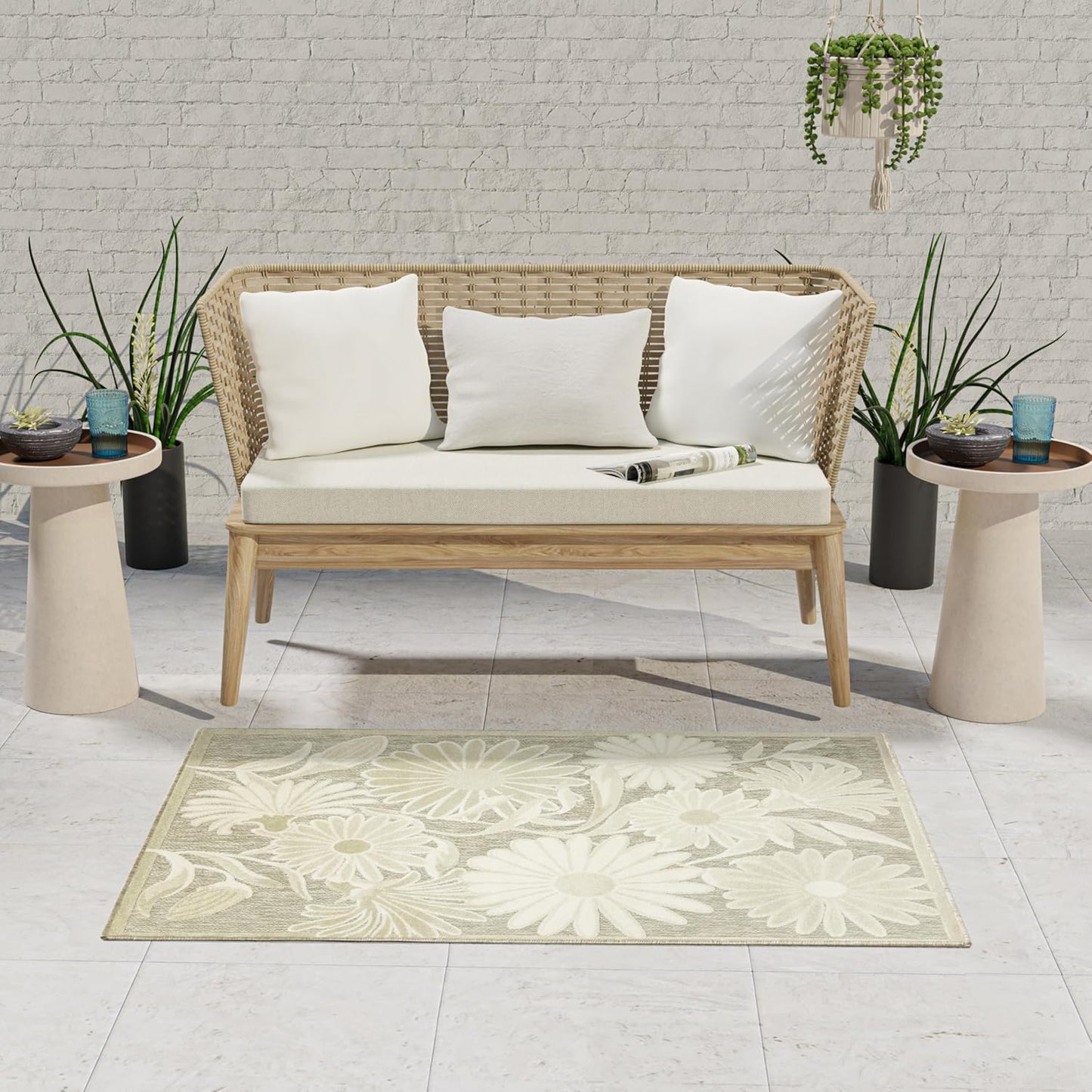 Nourison Aloha Ivory Sage 2'8" x 4' Area Rug - Easy Clean, Non Shedding, Bed Room, Living Room, Dining Room, Kitchen (3' x 4')