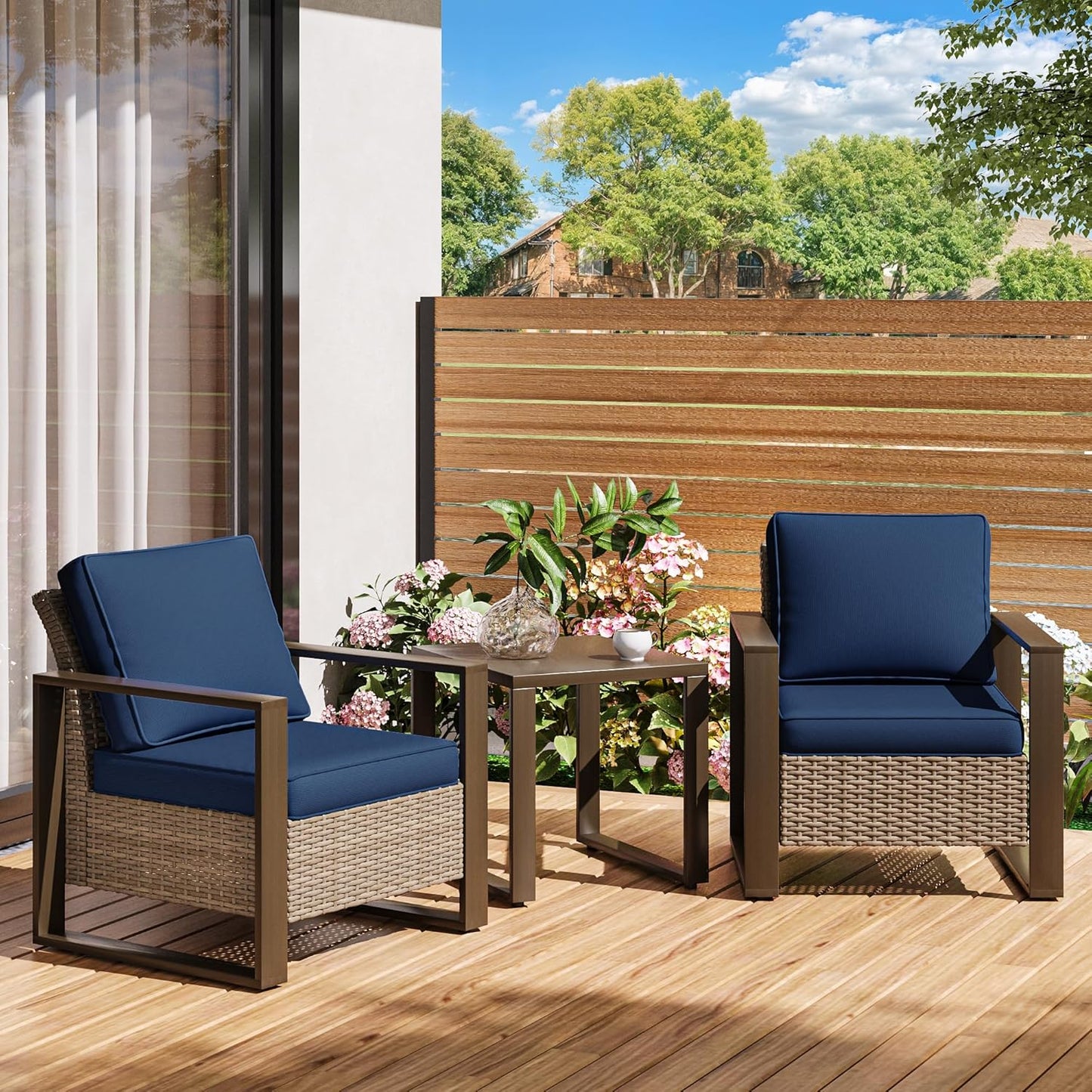 Outdoor Wicker Metal Chairs Set of 2 with Matching Side Table - 3 Pieces Patio Bistro Set with Removable Olefin Fabric Cushions & Rectangular Framed Wood-Looking Metal Armrest, Dark Blue