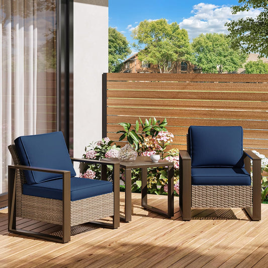 Outdoor Wicker Metal Chairs Set of 2 with Matching Side Table - 3 Pieces Patio Bistro Set with Removable Olefin Fabric Cushions & Rectangular Framed Wood-Looking Metal Armrest, Dark Blue