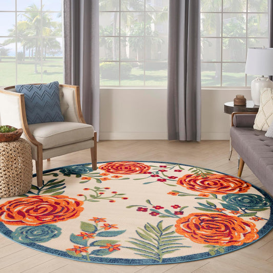 Nourison Home Aloha Indoor/Outdoor Ivory Multicolor 7'10" x Round Area Rug, Easy-Cleaning, Non Shedding, Bed Room, Living Room, Dining Room, Backyard, Deck, Patio (8 Round)