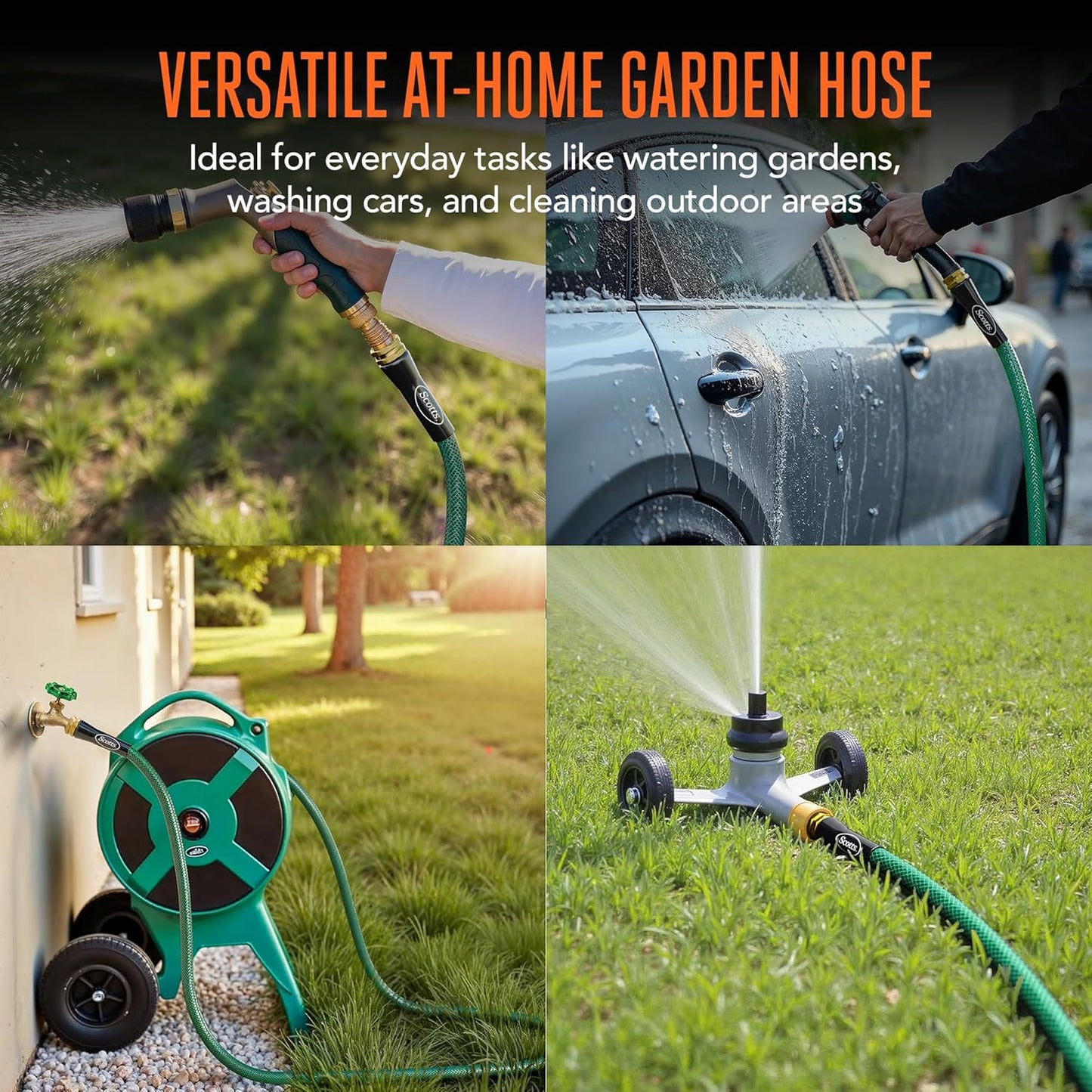 Scotts 25 ft. Garden Hose – 5/8 in. Diameter, 4-Ply Construction, 300 PSI, High-Pressure, Easy-to-Coil Water Hose with Crush-Resistant Couplings, Easy to Connect for Lawn and Garden Use