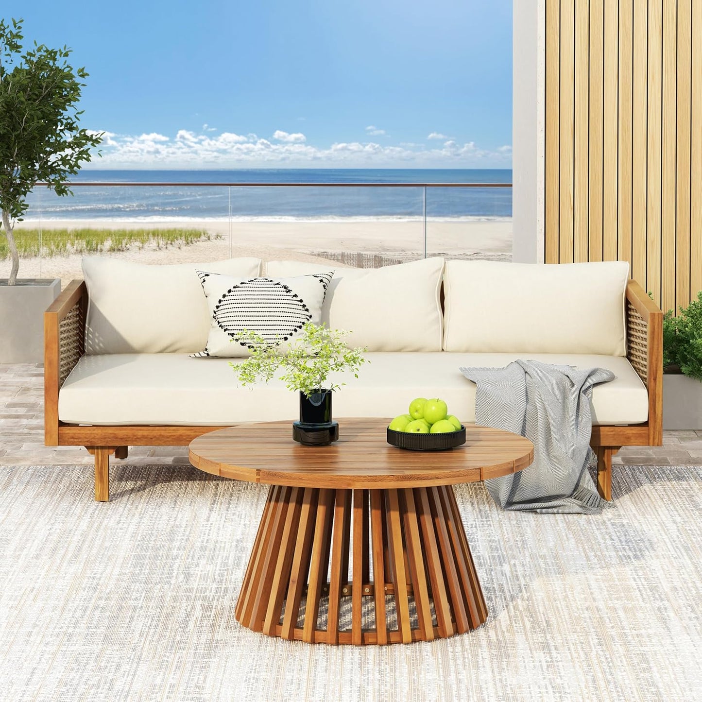 Christopher Knight Home Claremont Patio Sofa and Coffee Table Set, 2 Piece Wicker Patio Furniture Set, Acacia Wood 3 Seater Outdoor Sofa Daybed and Coffee Table Set, Teak+Beige