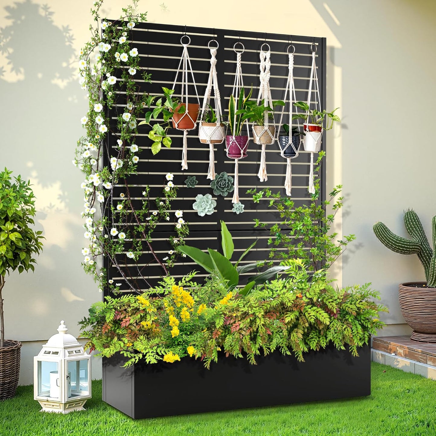 Trellis for Climbing Plants Outdoor，Mental Garden Bed with Drainage Holes Outdoor Privacy Screen Design Tall planters for herb Flower Vegetables 73"x47"x16", Black-Louvered