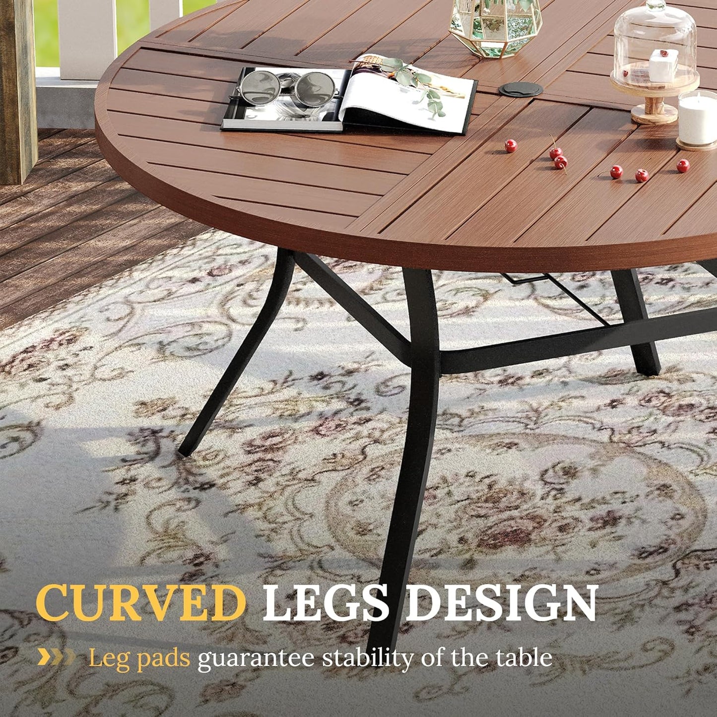 VICLLAX Round Patio Table with Adjustable Umbrella Hole for 8, All Weather Metal Outdoor Dining Table for Lawn Garden, 53.1" Outdoor Coffee Table, Walnut Wood-Like Tabletop