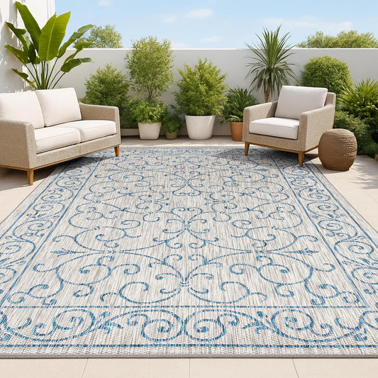 JONATHAN Y SMB106C-9 Charleston Vintage Filigree Textured Weave Indoor Outdoor Area Rug Classic Coastal Easy Cleaning Bedroom Kitchen Backyard Patio Non Shedding, 9 X 12, Gray/Navy