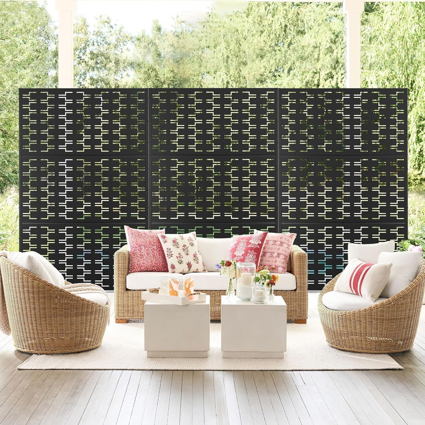 Metal Privacy Screen Outdoor 72" H×47" W, Freestanding Decorative Privacy Screen for Balcony Yard&Garden, Privacy Fence-Black&Brick