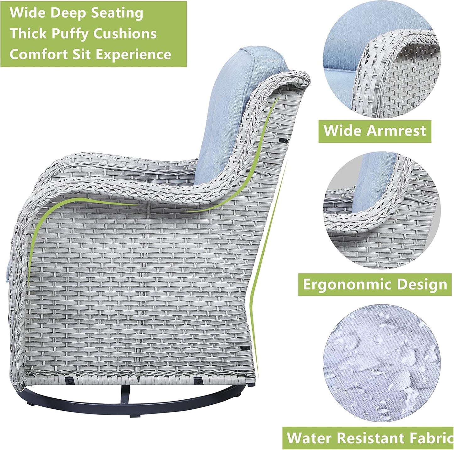 Outdoor Patio Swivel Rocker Chairs - Wicker Rattan Patio Swivel Rocking Chairs Set of 2 with High Back,Deep Seating and Comfort Cushions for Deck Porch Garden,Light Grey/SkyBlue