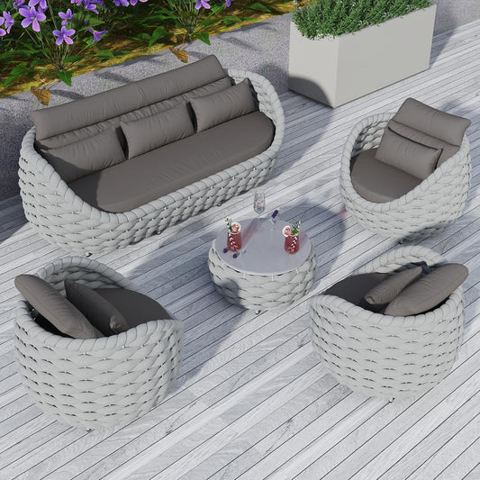 TWT Outdoor Patio Furniture Set, 5 Pieces Aluminum Sectional Sofa, Metal Patio Conversation Set with Threeseat & Armchair, Cushion and Coffee Table, Dark Grey