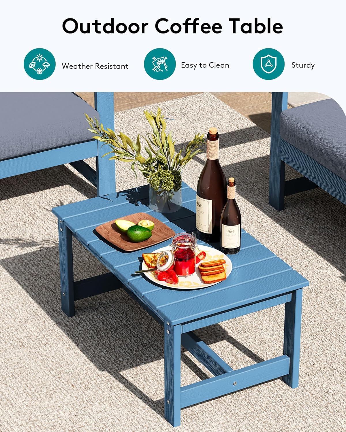 SERWALL 3 Pieces HDPE Outdoor Sofa Bistro Set with Cushions, Outdoor Furniture Sofa Sets with Coffee Table and Cushions, All Weather Conversation Social Set, Blue Frame and Grey Cushion