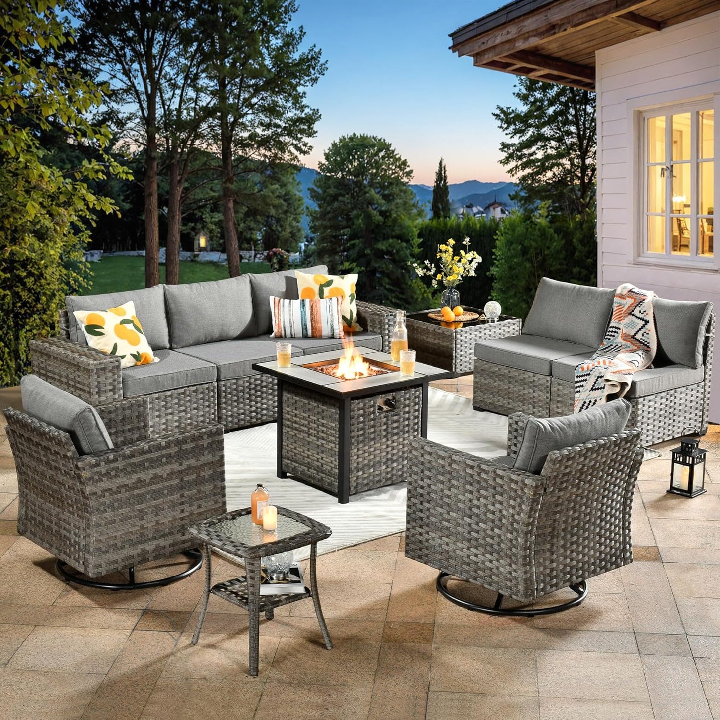 ovios 10 Pieces Patio Furniture Set, Outdoor Wicker Sectional Sofa with 30" Fire Pit Table Swivel Chairs, Modern Modular Deep Seat Rattan Couch Conversation Sets, Dark Grey