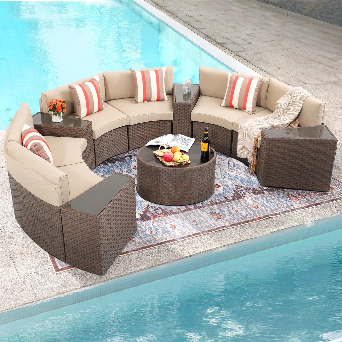 SUNSITT Outdoor Patio Furniture 11-Piece Half-Moon Sectional Round Patio Furniture Set Curved Outdoor Sofa with Tempered Glass Round Coffee Table, 4 Pillows, Brown Rattan