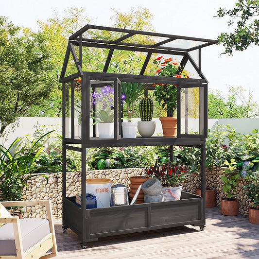Garden Wood Portable Cold Frame - Mini Greenhouse with Wheels, Open Roof & Storage (Black+ Wood Color + WoodColor)