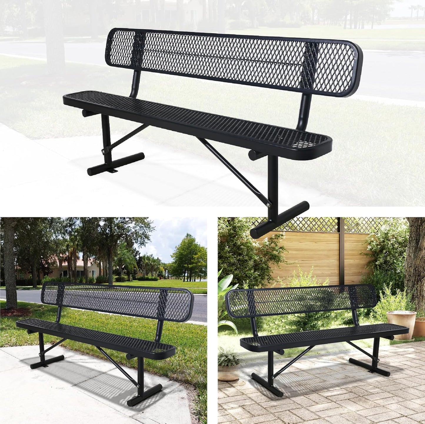 8 FT Heavy Duty Metal Park Bench for Outside, Black Bench with Backrest,4-6 Person Seat, Outdoor Commercial Metal Mesh Benches for Shopping Mall, Lawn, Park, Deck, Garden, Patio, Porch