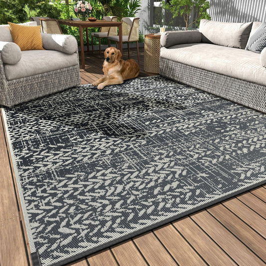 MontVoo Outdoor Rug Waterproof-Patio Rug Mat 6x9 Outdoor Carpet Reversible RV Camping Picnic Plastic Straw Rug Outside Outdoor Area Rug for Balcony Deck Backyard Patio Decor Boho Modern Abstract