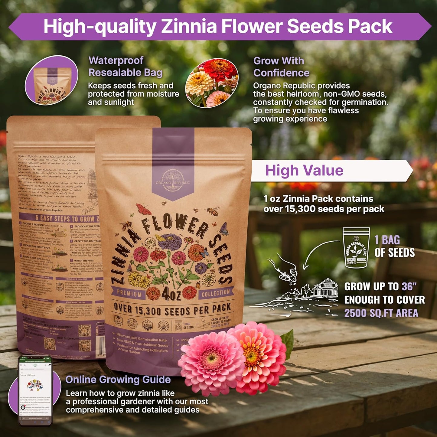 Zinnia Seeds Pack 4 oz - Over 15,300 Non-GMO Heirloom Zinnia Seeds for Planting, Annual Flowers in Individual Seed Packet for Planting Home Garden Indoor & Outdoor Gardening