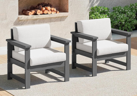 SERWALL 2 Pieces Single Cushioned Sofa Chair, Grey HDPE Outdoor Adirondack Lounge Armchair with Khaki Cushion