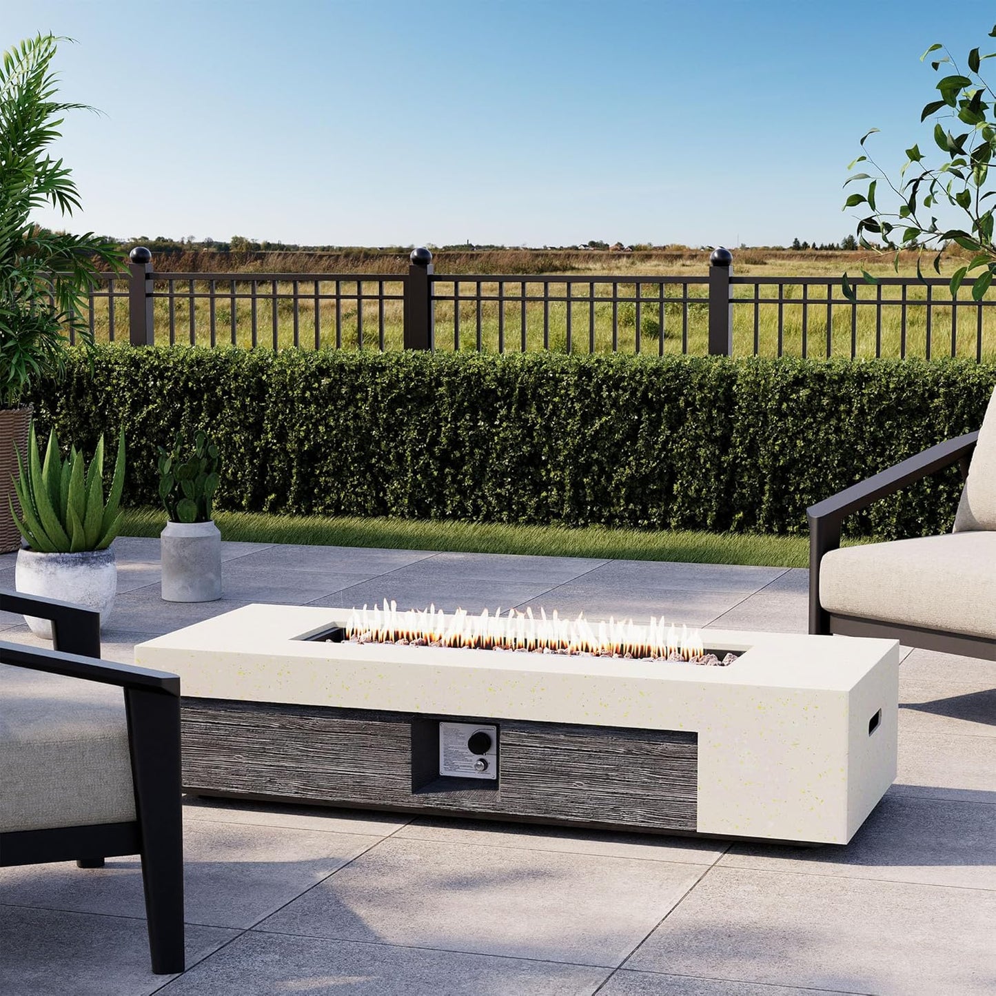 COSIEST 56" Outdoor Propane Fire Pit Table Rectangle Gas Fire Pit Table with Concrete & Wood Grain Design, 50000BTU CSA Certified Electronic Ignition Fire Tables for Patio, Backyard, Garden Heating