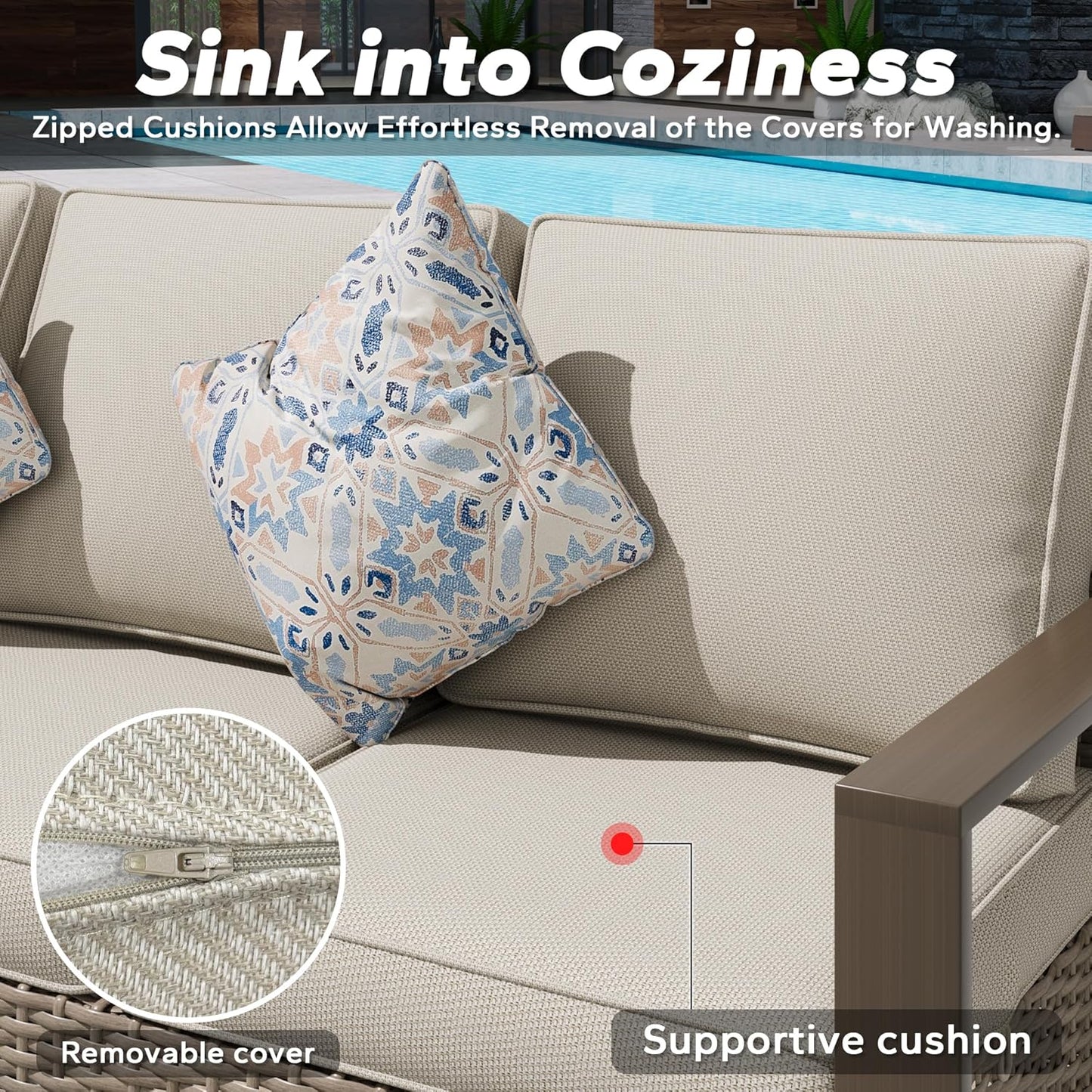 Wicker Patio 75" Sofa Set with Two Ottomans, All Weather Rattan Outdoor Conversation Furniture Set with Wood-Looking Metal Armrest for Deck Backyard Porch, Beige