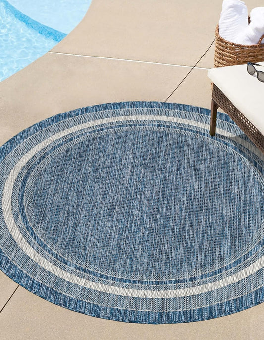 Unique Loom Outdoor Border Collection Area Rug - Soft Border (3' 1" Round, Blue/ Ivory)