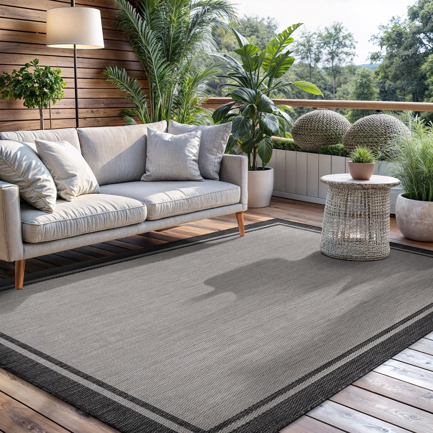 CAMILSON Indoor Outdoor Rug, 8x10 Bordered Gray Modern Area Rugs for Indoor and Outdoor Patios, Kitchen and Hallway Mats, Washable Porch Deck Outside Carpet (Bordered Grey, 8 x 10)