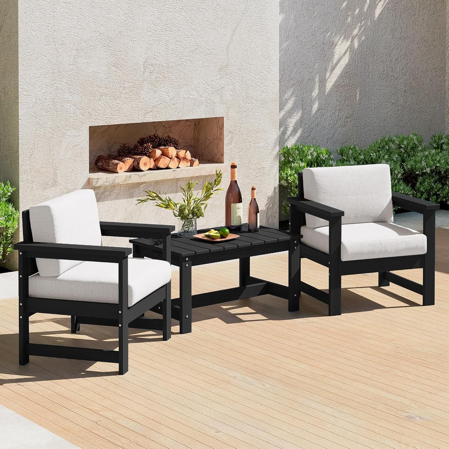 SERWALL 3 Pieces HDPE Outdoor Sofa Set with Cushions, All Weather Use Patio Couch Loveseat Furniture with Coffee Table for Balcony, Deck, Poolside, Black Frame with Khaki Cushions