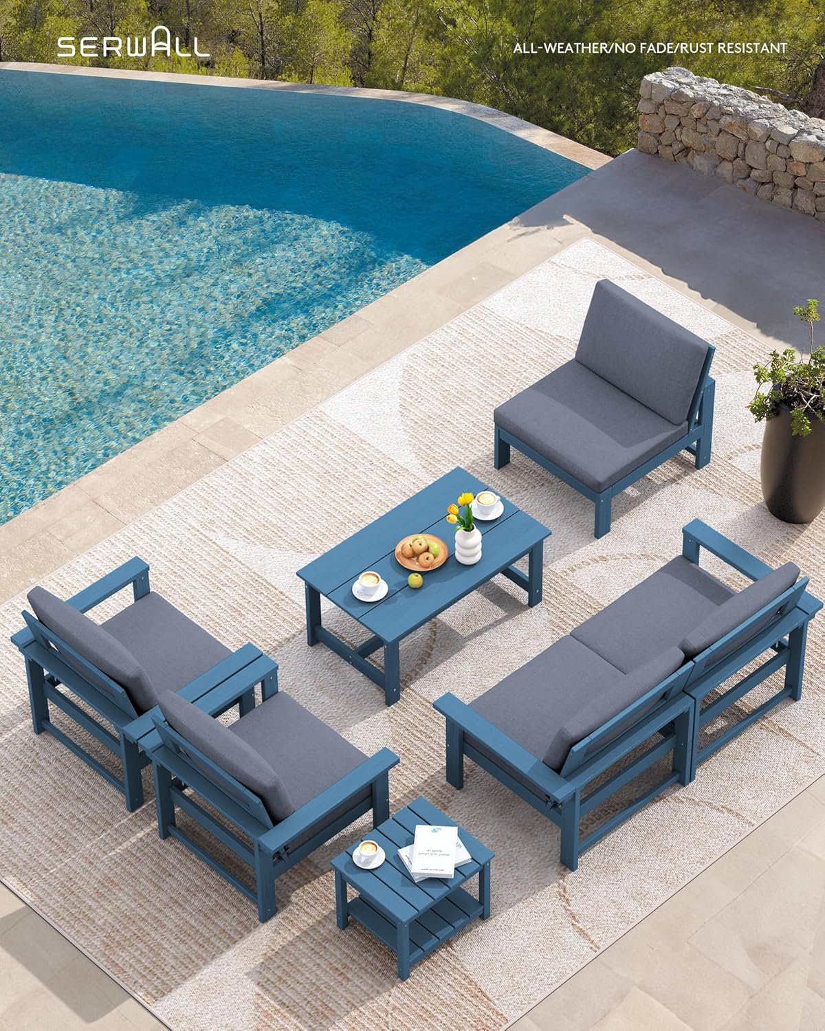 SERWALL HDPE Patio Sofa Set, 4-Piece Outdoor Sectional Furniture Set, All Weather Outdoor Couch Set Patio Furniture Set for Deck, Lawn, Blue Frame with Grey Cushion