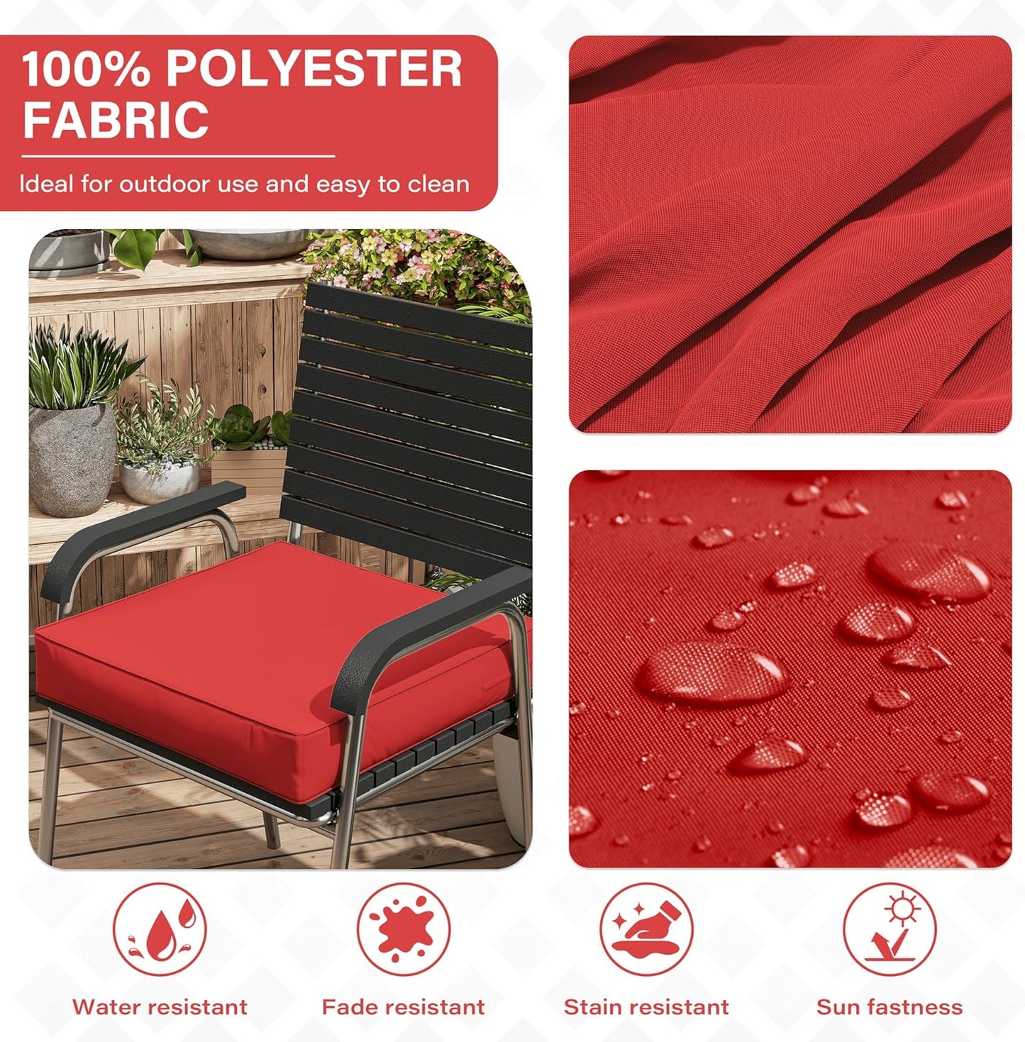 Patio Chair Cushions 22 X 22 X 4 Inch Waterproof Outdoor Seat Cushions for Patio Furniture, Outdoor Sofa Couch Pads with Ties & Handle, Set of 2, Red
