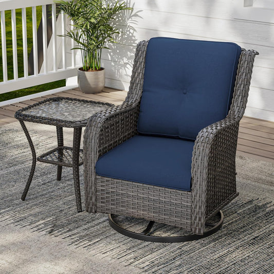 2 Pieces Outdoor Swivel Rocker Patio Chairs Set - Outdoor Wicker Patio Conversation Sets with 1 Side Table, Olefin Fabric Cushions Suitable for Backyard Deck and Porch, Blue