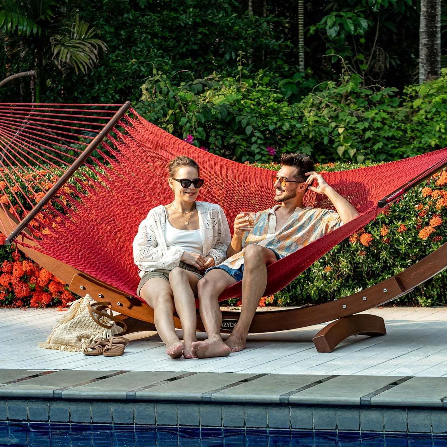 Lazy Daze Hammocks 10.5 FT Double 2 Person Caribbean Rope Hammock, Hand Woven Polyester Hammock with Spreader Bars, for Outside Outdoor Backyard Patio Poolside,450 LBS Capacity,Red