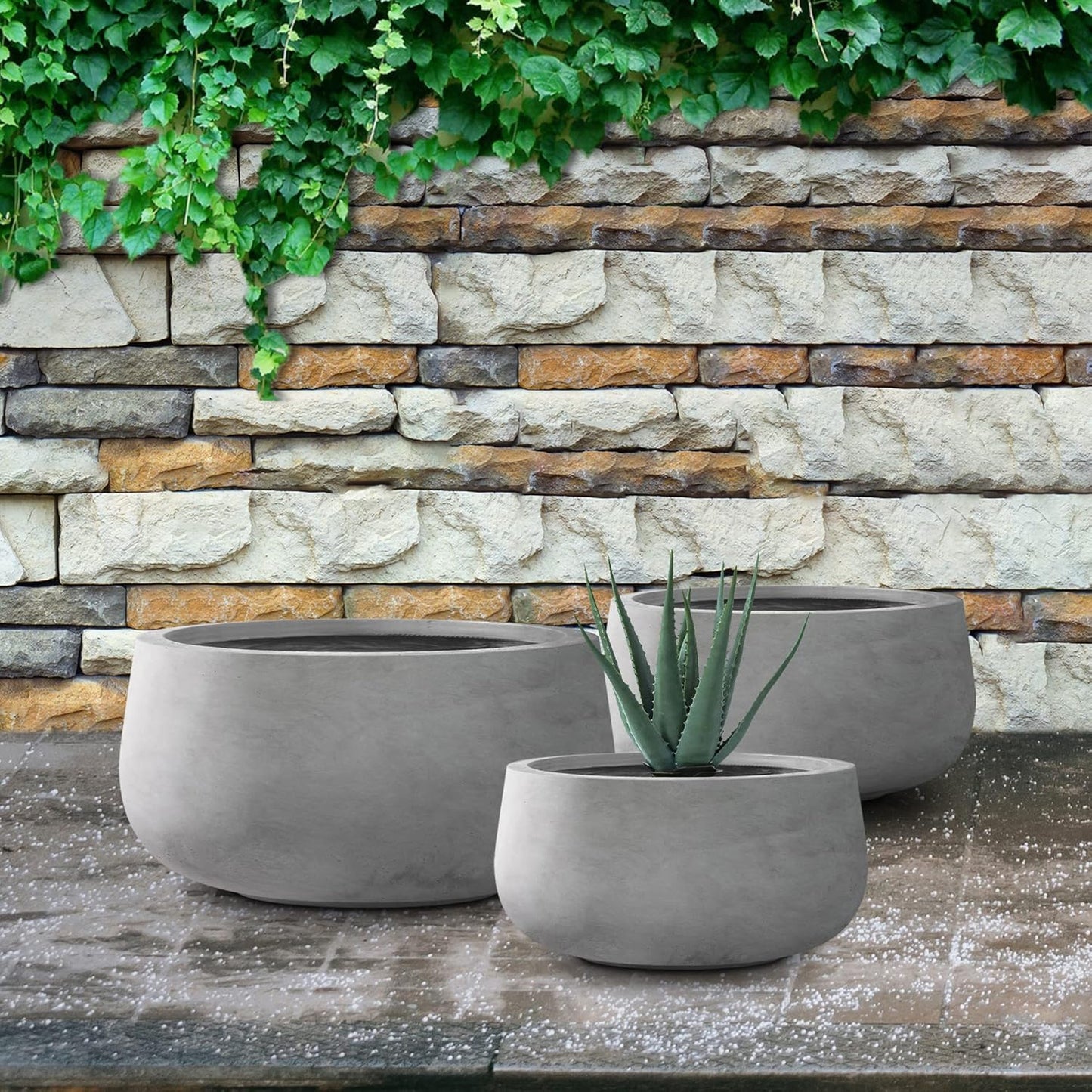 Kante 19.6",15.7",11.8" Dia Round Concrete Planters Set of 3, Outdoor Indoor Garden Plant Pots with Drainage Hole and Rubber Plug, Modern Curvaceous Design, Natural Concrete