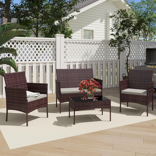 4 Piece Patio Furniture Set - Outdoor Conversation Sets with Coffee Table, Rattan Chair Set for Garden/Poolside, Brown/Grey